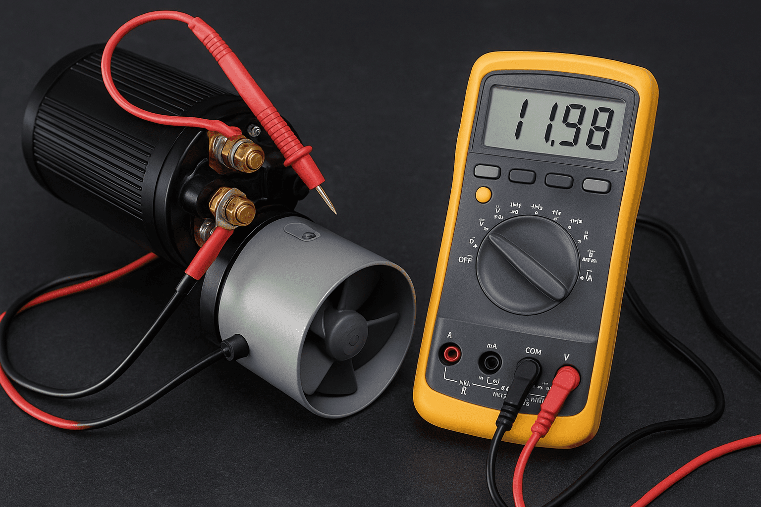 Multimeter måler spænding på en DC-thruster med korrekt dimensionerede kobberkabler – en del af en sikker marine elinstallation for at undgå lav spænding i Vetus-systemer.