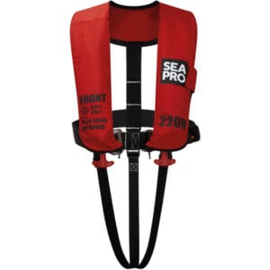 Seapro 220N SOLAS vest med harness – oppustelig 220 N med tvillingkamre og 2x60 g CO2. Køb nu til sikkerhed ombord. Bestil i 