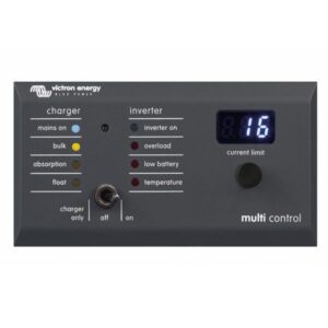 Victron kontrolpanel til Multi & Quattro – juster strømbegrænsning, aktiver inverter og brug PowerControl. Ideel til både. Kø