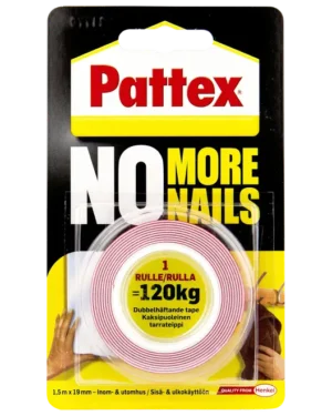 Pattex No More Nails Tape er en stærk dobbeltsidet monteringstape til inde og ude. Vandtæt, UV-bestandig og kan bære op til 120 kg.