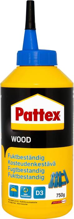 Pattex Trælim D3 er en fugtbestandig trælim til indendørs og udendørs brug. Stærk lim til alle trætyper. Transparent tørring. 750 g.