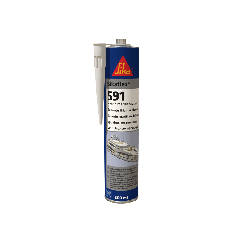 Sikaflex 591 er en mug-resistent hybridfugemasse til båd og marine miljøer. Overmalbar, lav emission og fås i hvid, sort og grå. 300 ml.