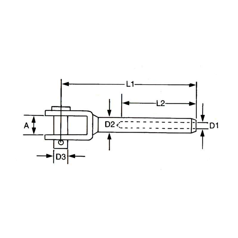 Gaffelterminal AISI 316 til wire. Vælg variant efter diameter og brudstyrke. Se størrelser og specifikationer.