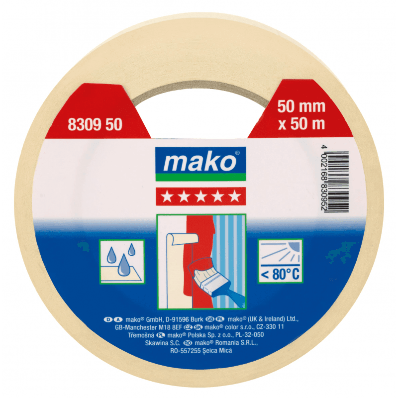 Malertape fås i 3 varianter med Mål: 50 m / 19 mm, 50 m / 25 mm, 50 m / 38 mm.