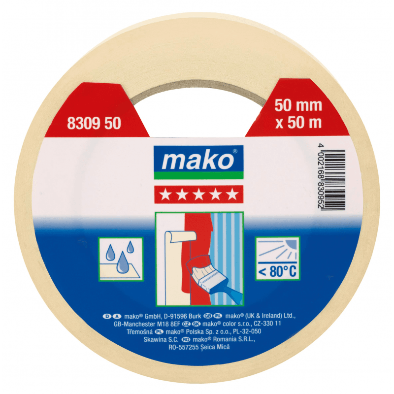 Malertape fås i 3 varianter med Mål: 50 m / 19 mm, 50 m / 25 mm, 50 m / 38 mm.