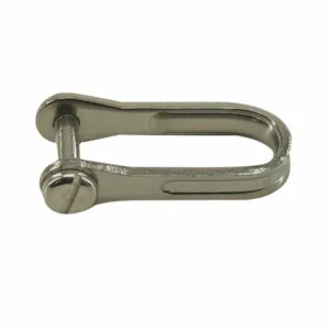 Sjækel i fladstål med kærvskrue i rustfrit stål fås i 5 varianter med Mål: 4x10x15mm, 5x12x17mm, 5x16x24mm, 5x11x25mm, 5x15x34mm.