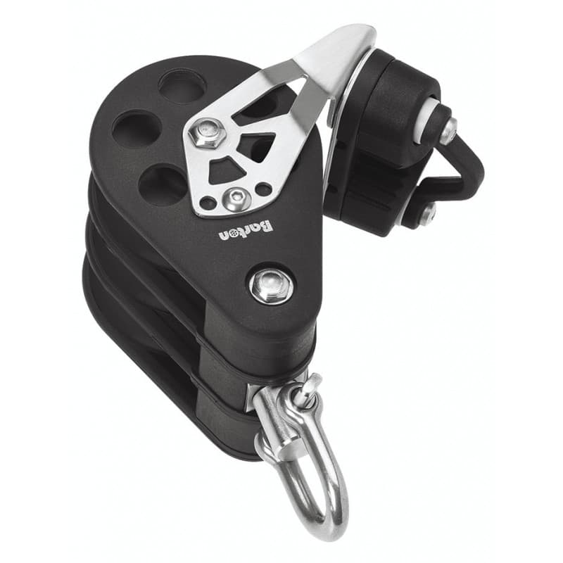 Tredobbelt cruiserblok med svirvel & klampe fra Barton. Vælg mellem line Ø 12 mm og 14 mm. Se størrelser og brudstyrker.