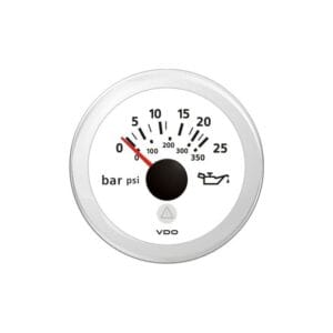 Køb VDO trykmåler 52mm 25 bar med hvid skala. Ideel til motor- og sejlbåde. Få præcise målinger og beskyttelse mod vand. Bestil nu!