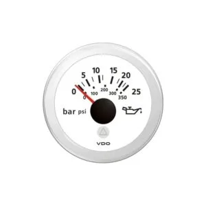 Køb VDO trykmåler 52mm 25 bar med hvid skala. Ideel til motor- og sejlbåde. Få præcise målinger og beskyttelse mod vand. Bestil nu!