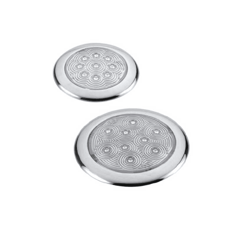 Køb LED loftslampe til påbygning med rustfri stålkant. Ideel til båden med varm hvid belysning. Få effektiv og holdbar belysning ombord.