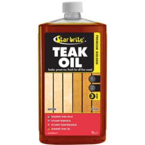 Star brite premium gold teak olie 1000 ml – dybdegående beskyttelse og fremhæver teakens årer. Køb 1 L nu og beskyt dæk og mø
