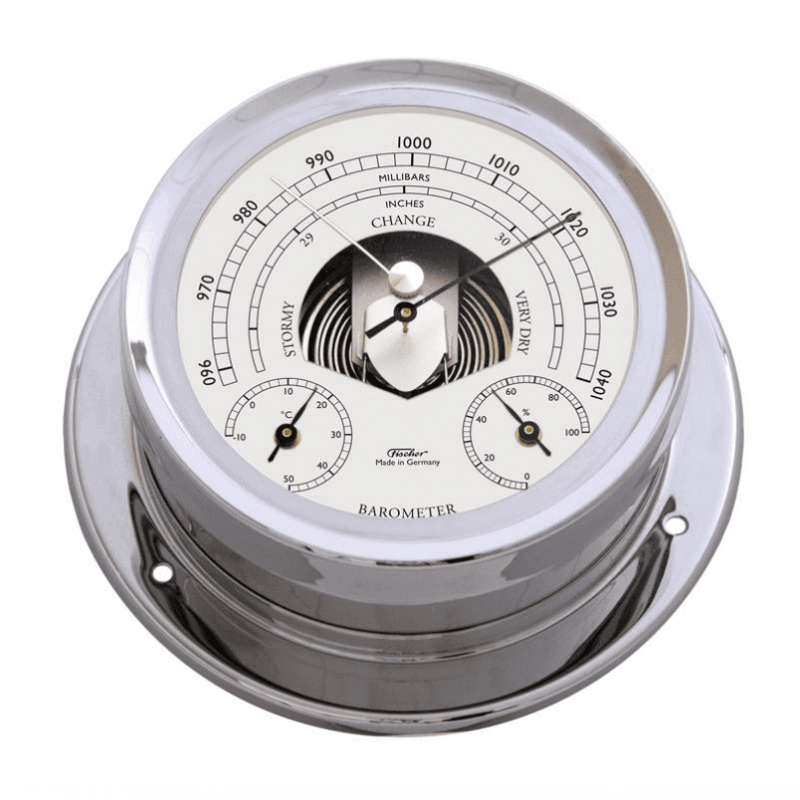 Fischer instrumenter Ø 165 mm i forkromet messing. Vælg mellem marineur og baro/termo/hygrometer. Se størrelser og varianter.